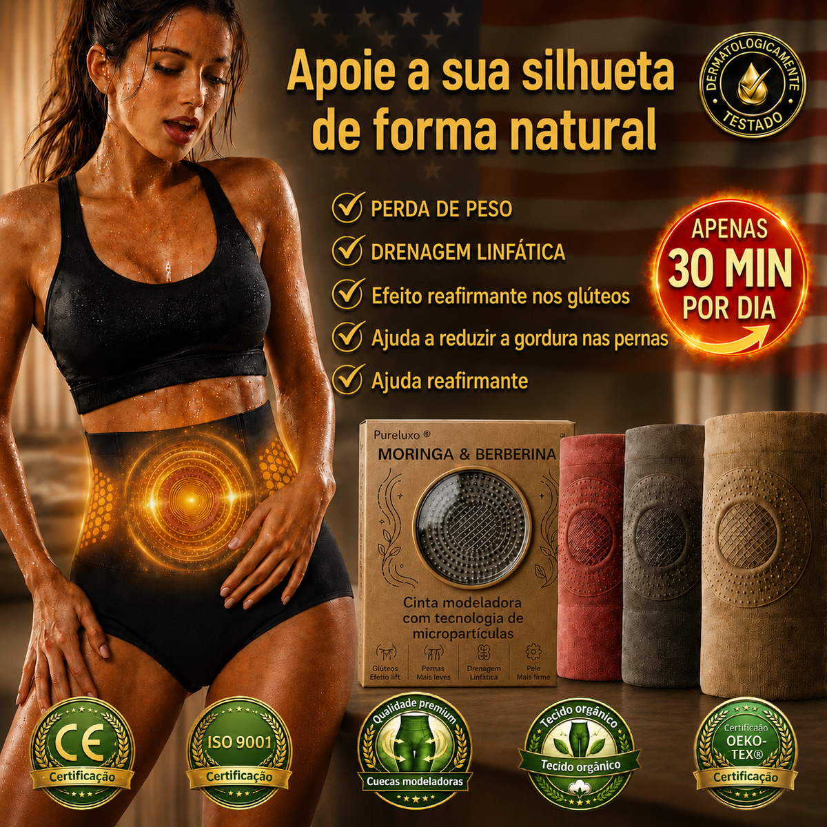 Pureluxo® Shorts Modeladores Termogénicos 5-em-1 🌿 Moringa & Berberina • 🧬 Tecnologia de Micropartículas • 🔥 Ativação Térmica • ✨ Modelação da Cintura e Abdómen • ⏳ 30 Min/Dia 🎁