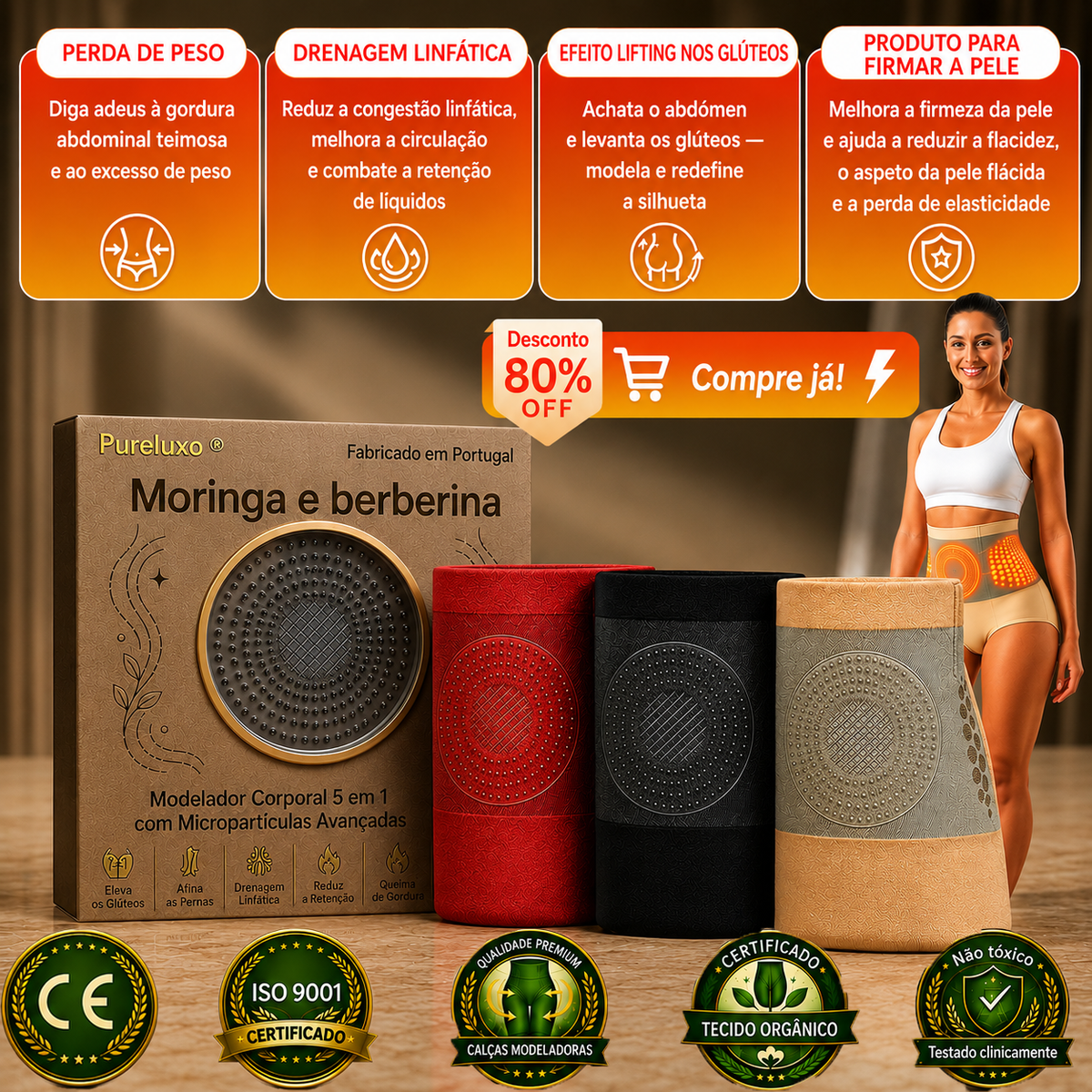 Pureluxo® Shorts Modeladores Termogénicos 5-em-1 🌿 Moringa & Berberina • 🧬 Tecnologia de Micropartículas • 🔥 Ativação Térmica • ✨ Modelação da Cintura e Abdómen • ⏳ 30 Min/Dia 🎁